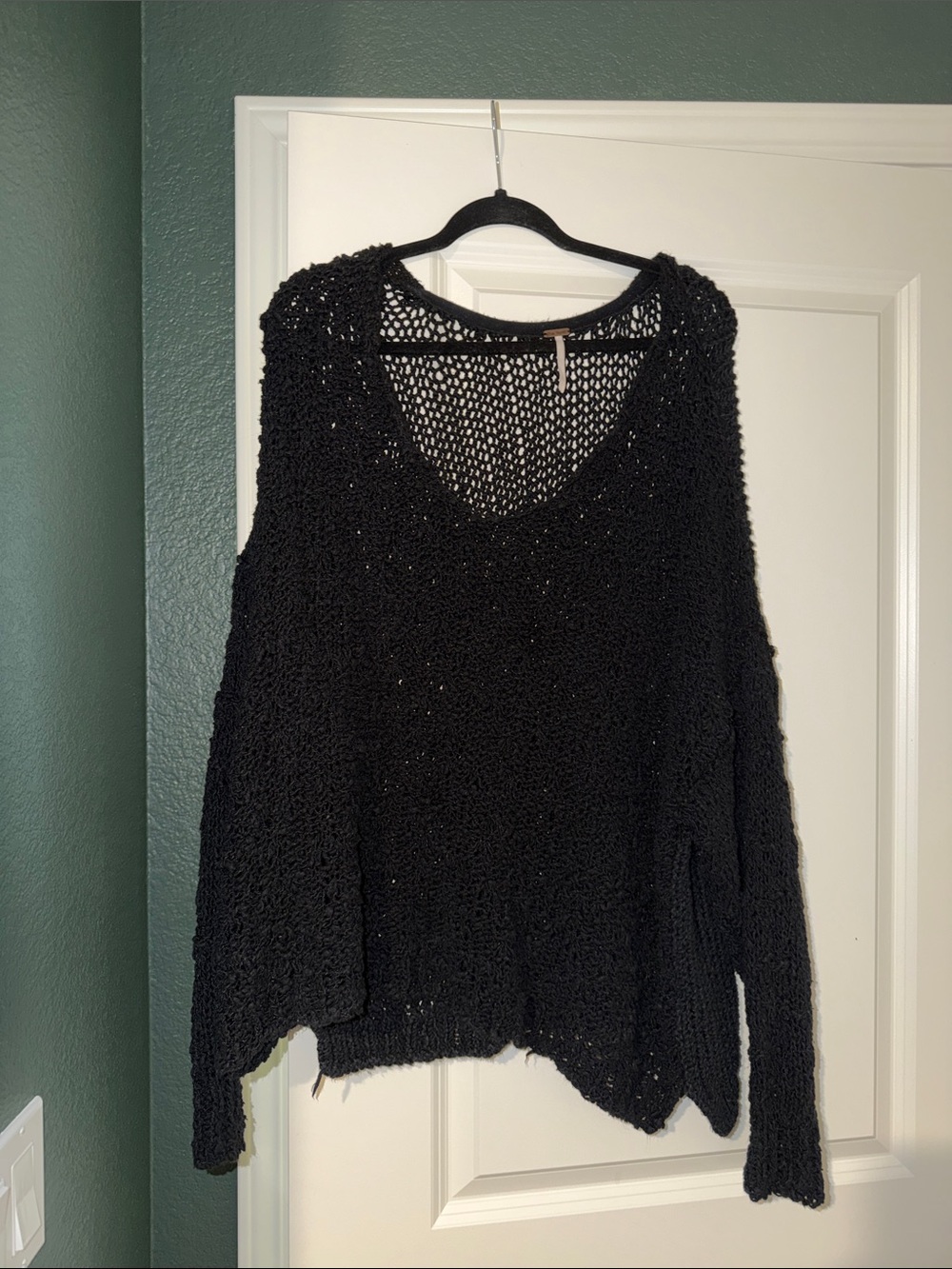 Free People Black Open Weave V-Neck Sweater